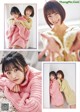 A collage of photos of a woman in a pink sweater.