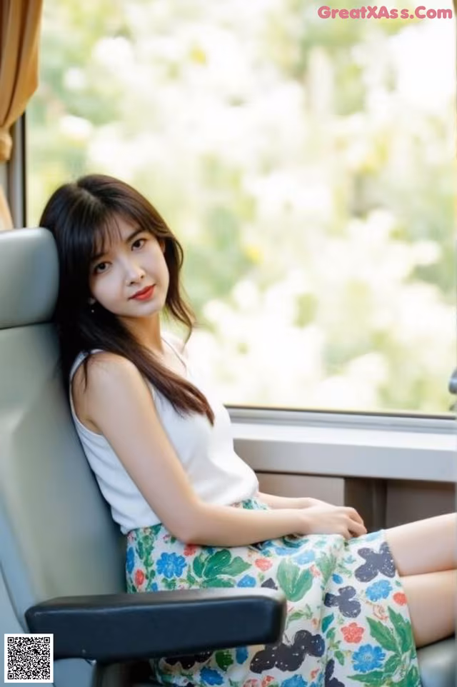 A woman sitting on a train looking out the window.