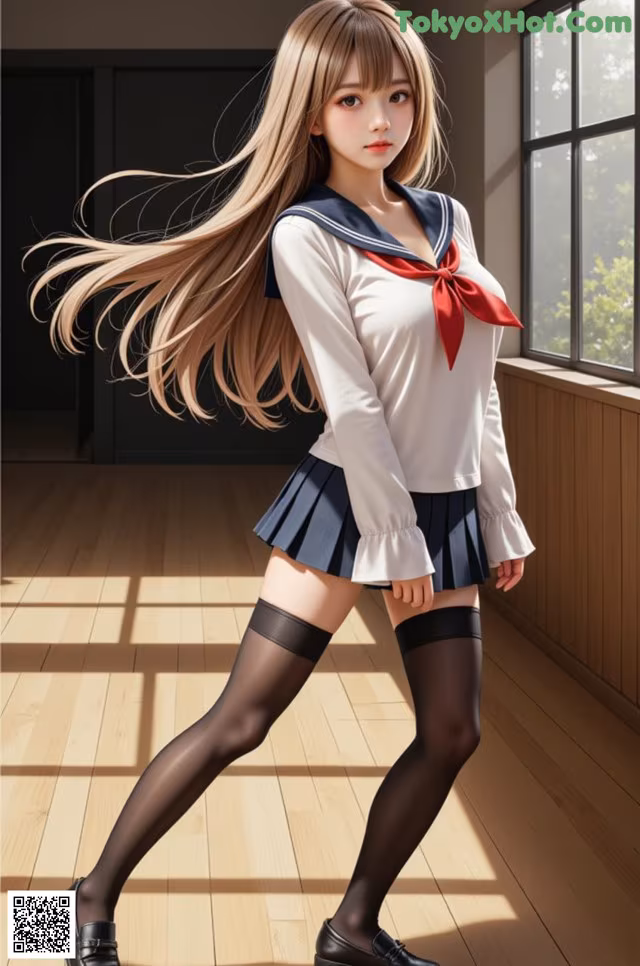 A woman in a school uniform is posing for a picture.