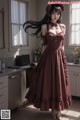 A woman in a brown dress standing in a kitchen.